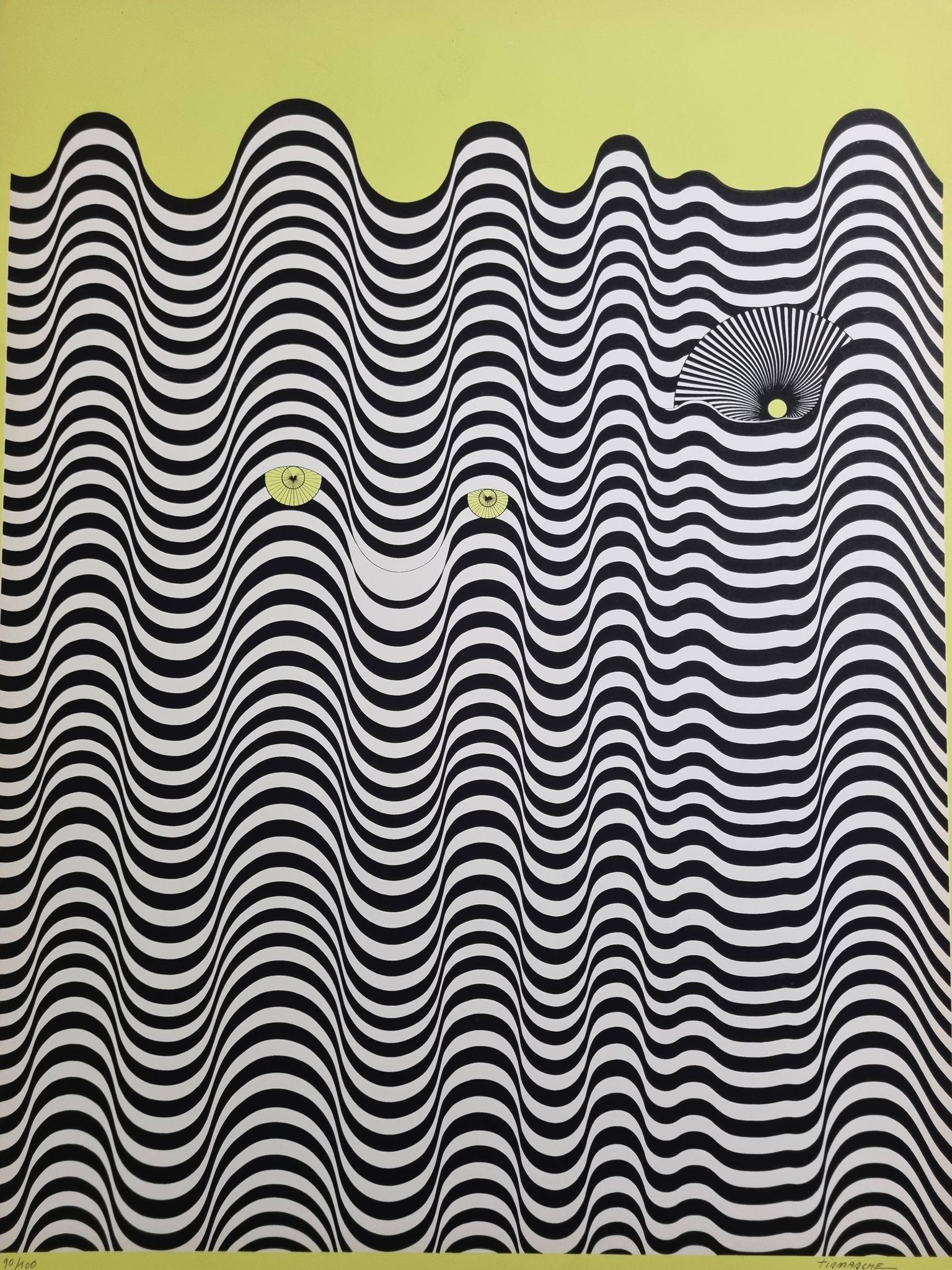 Screenprint signed after Maurice Tirmarche, Optical work of art "Op Art in yellow", 50 x 65 cm