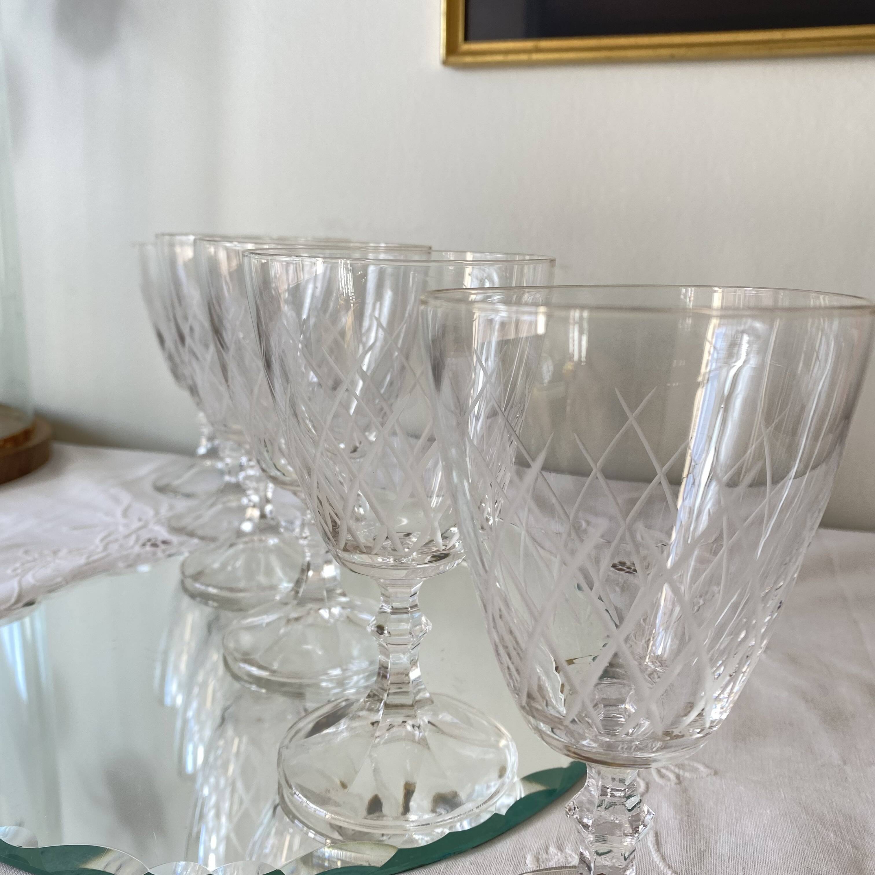 6 large antique engraved glasses for wine or water