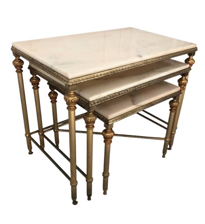 3 brass and marble nesting tables 1950