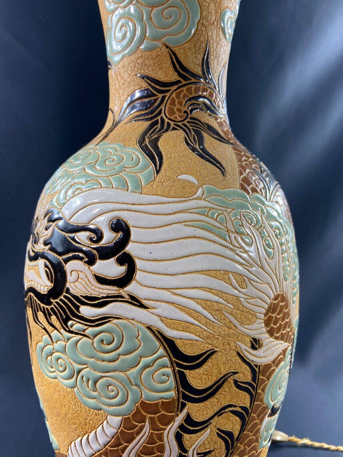 Very large dragon lamp on a yellow background in well-fired Vietnamese stoneware.