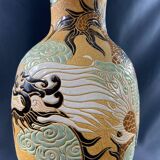 Très grande lampe au dragon sur fond jaune en grès bien hoa vietnam