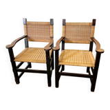 Pair of custom made oak and rattan armchairs, France, 1940s