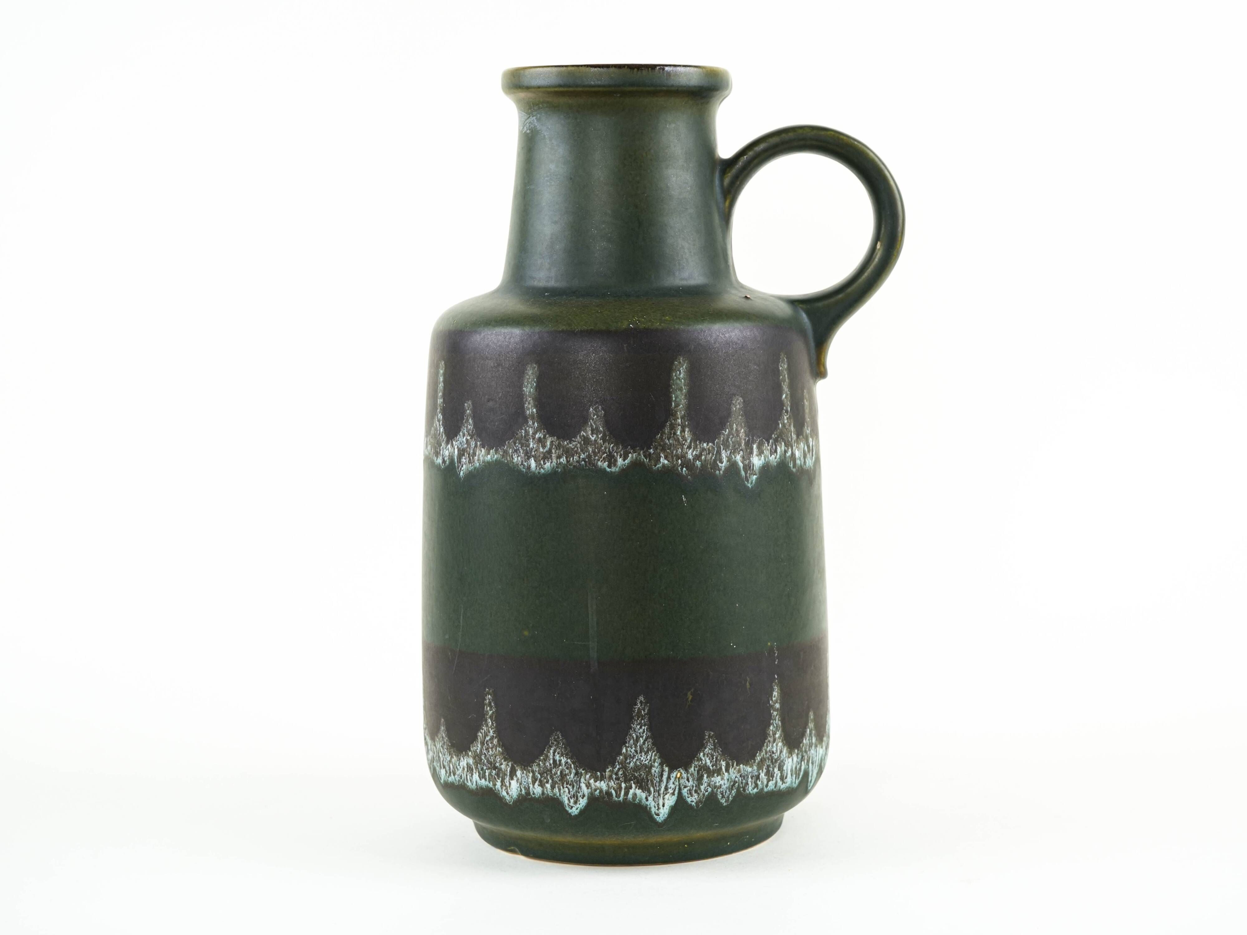 Fat lava ceramic vase with handle, green glaze, West Germany, 1970s