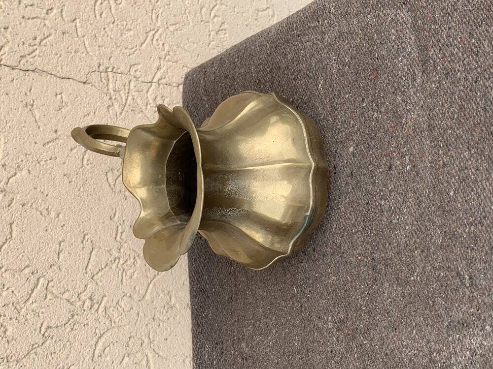 Vintage brass pitcher with "petal" patterns — decorative S-shaped handle, 1950s.