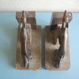 Paire de serre-livres lévriers Art déco en bronze et marbre