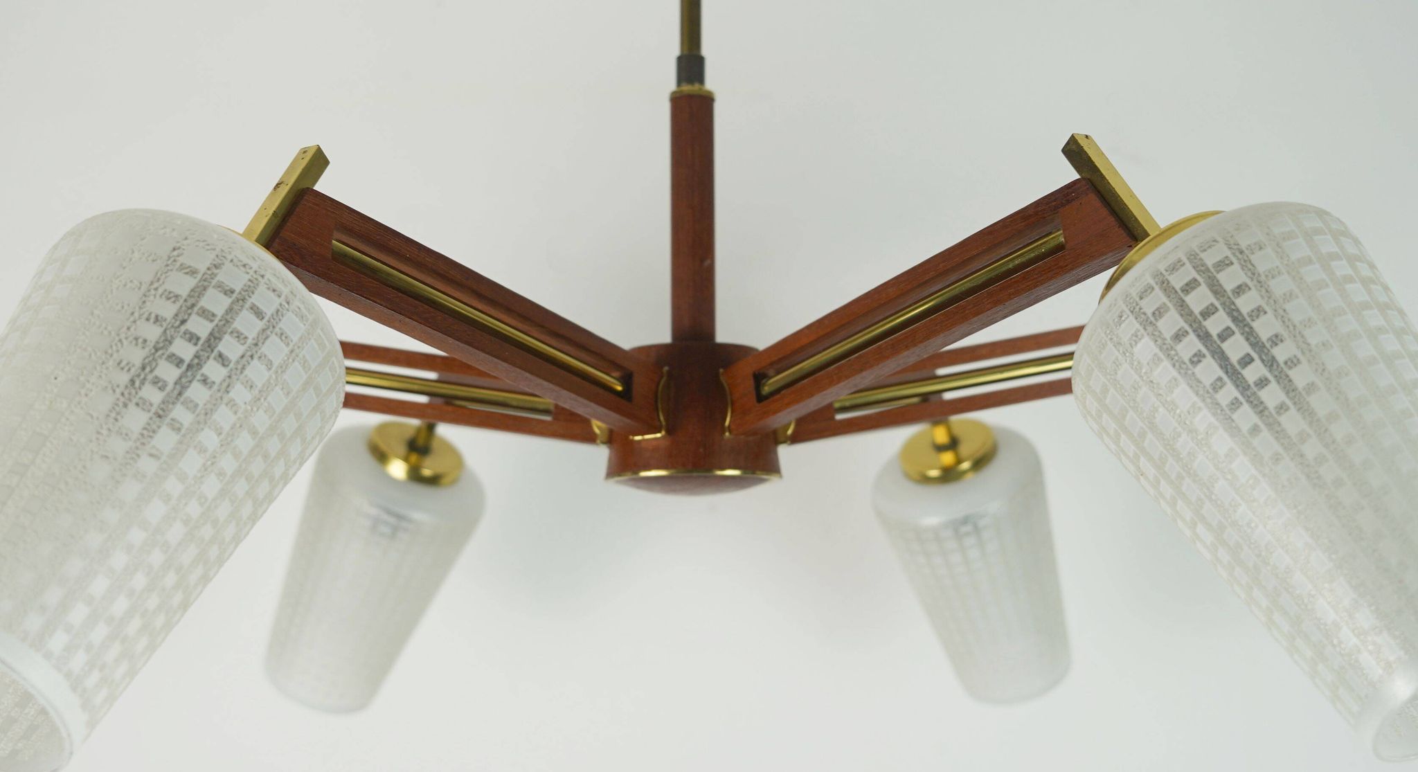 1960s mid century sputnik 8-light CHANDELIER teak brass glass ceiling light