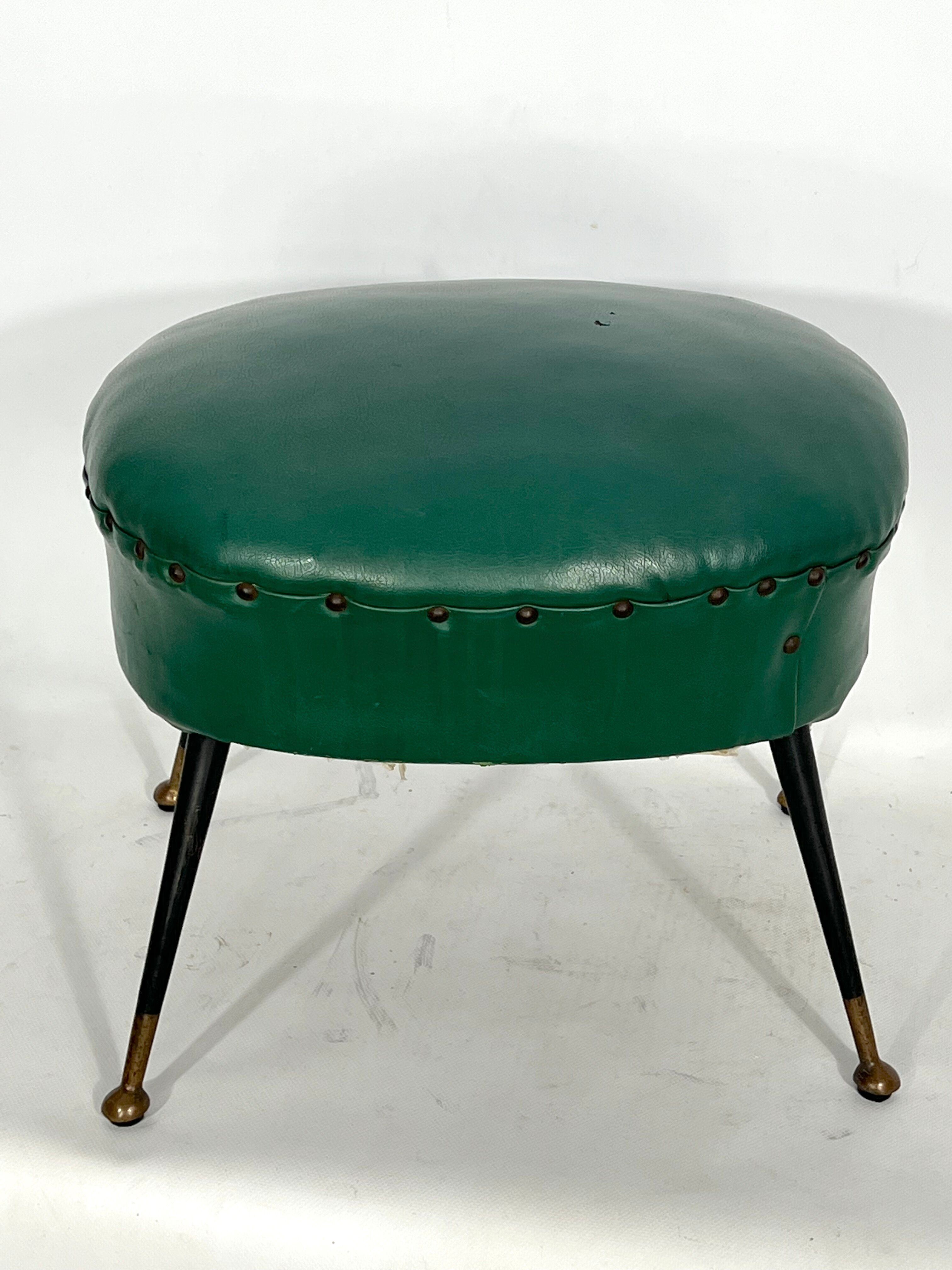 Vintage Italian green leatherette pouf with brass feet from 50s