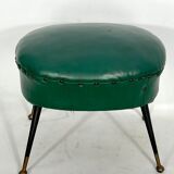 Vintage Italian green leatherette pouf with brass feet from 50s