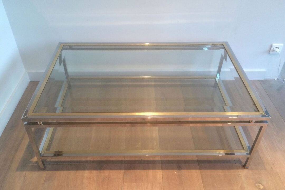 Table basse à double plateau en chrome et laiton