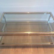 Table basse à double plateau en chrome et laiton