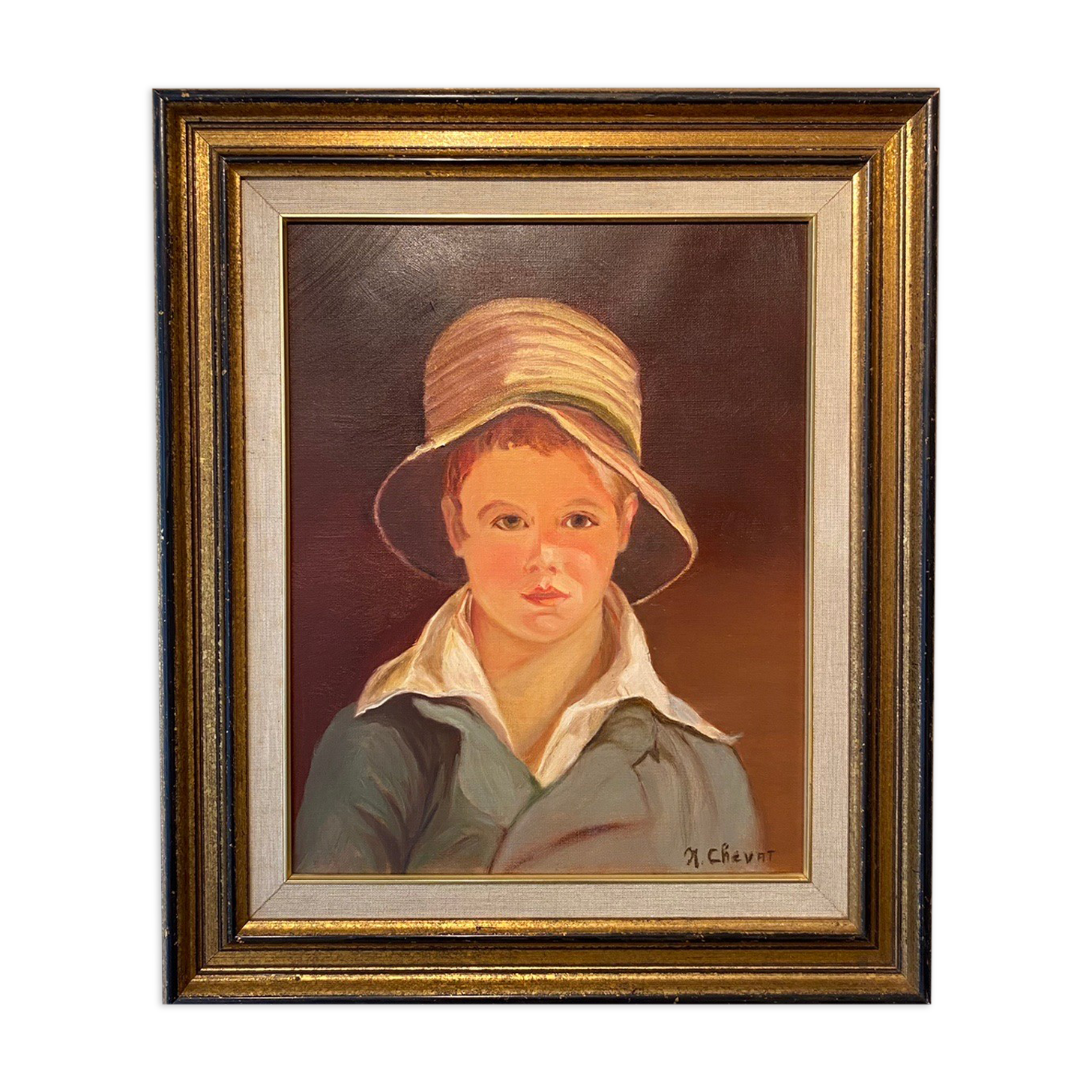Portrait of the boy in the straw hat 70s/80s, signed