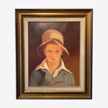 Portrait of the boy in the straw hat 70s/80s, signed
