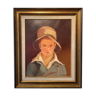 Portrait of the boy in the straw hat 70s/80s, signed