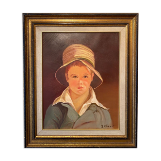 Portrait du garçon au chapeau de paille années 70/80, signé
