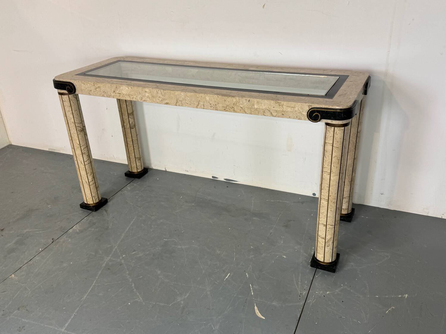 Console d'entrée vintage en travertin et laiton de style italien, années 1980