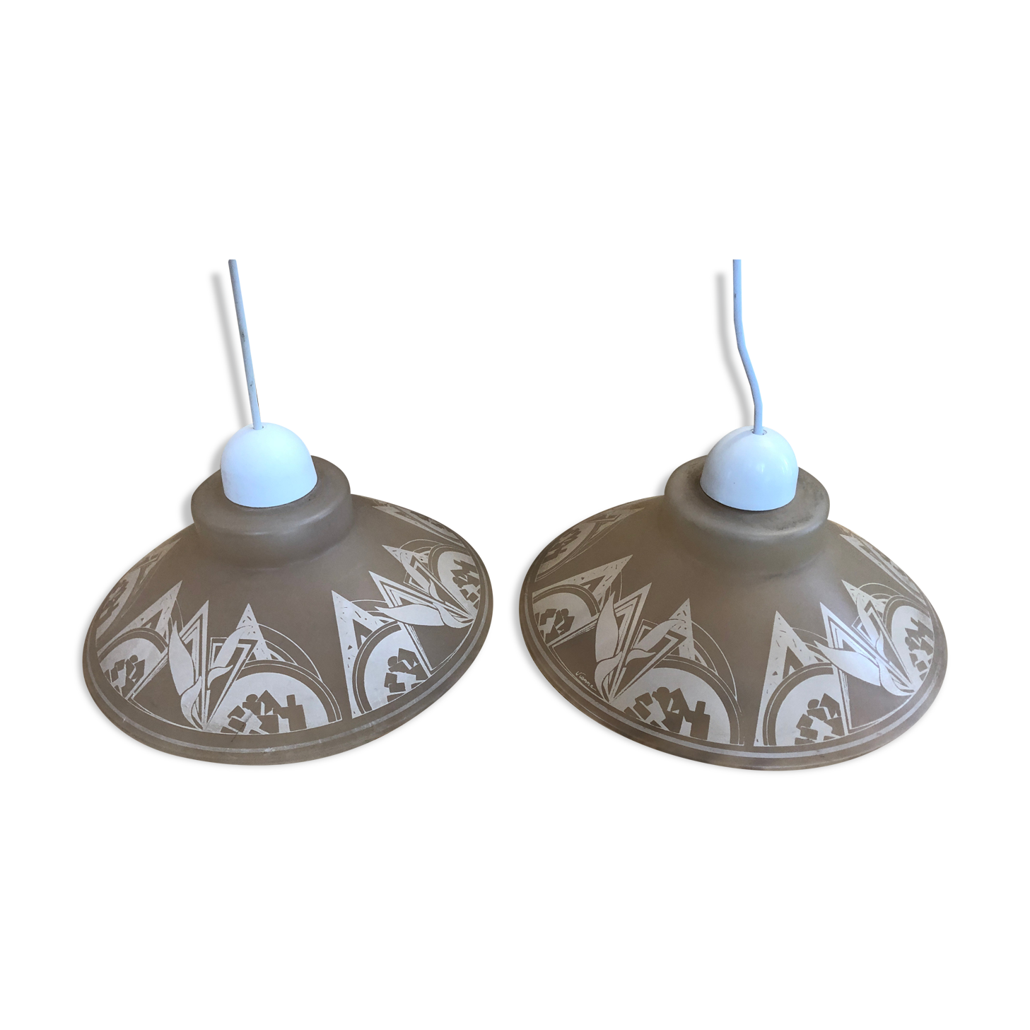 Old pair suspension vianne molded glass + decor + vintage white thread