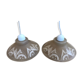 Ancienne paire suspension vianne verre moulé + décor + fil blanc vintage