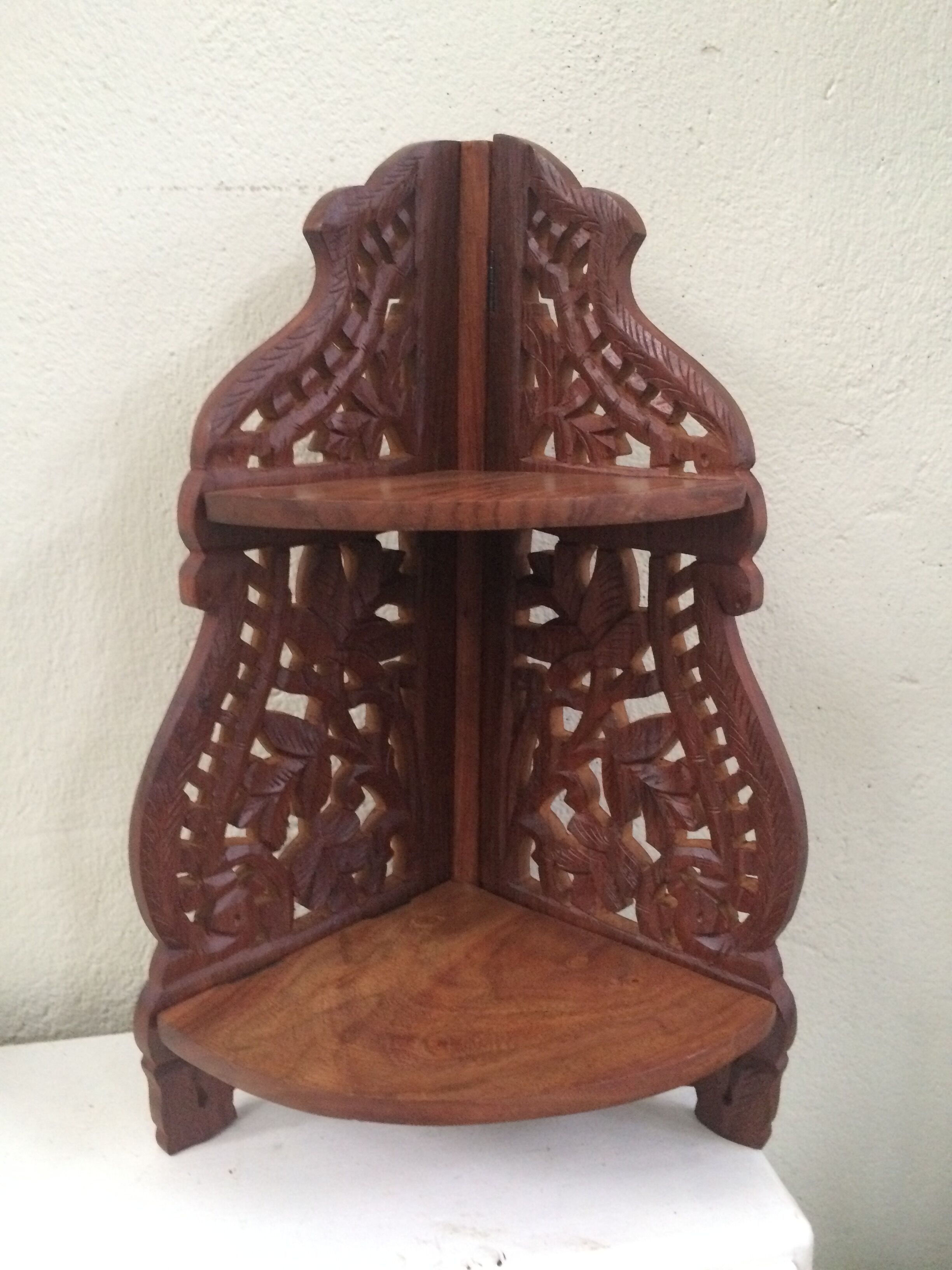 Folding corner shelf wooden crafted with sculpted flowers