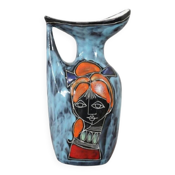 Vase en céramique décoré d'un visage féminin, années 1960
