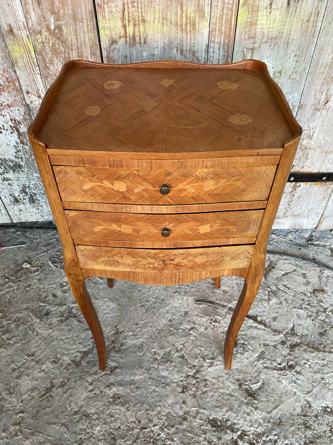 Antique Nightstand Louis XV Style Inlay Wood 3 Drawers Wine