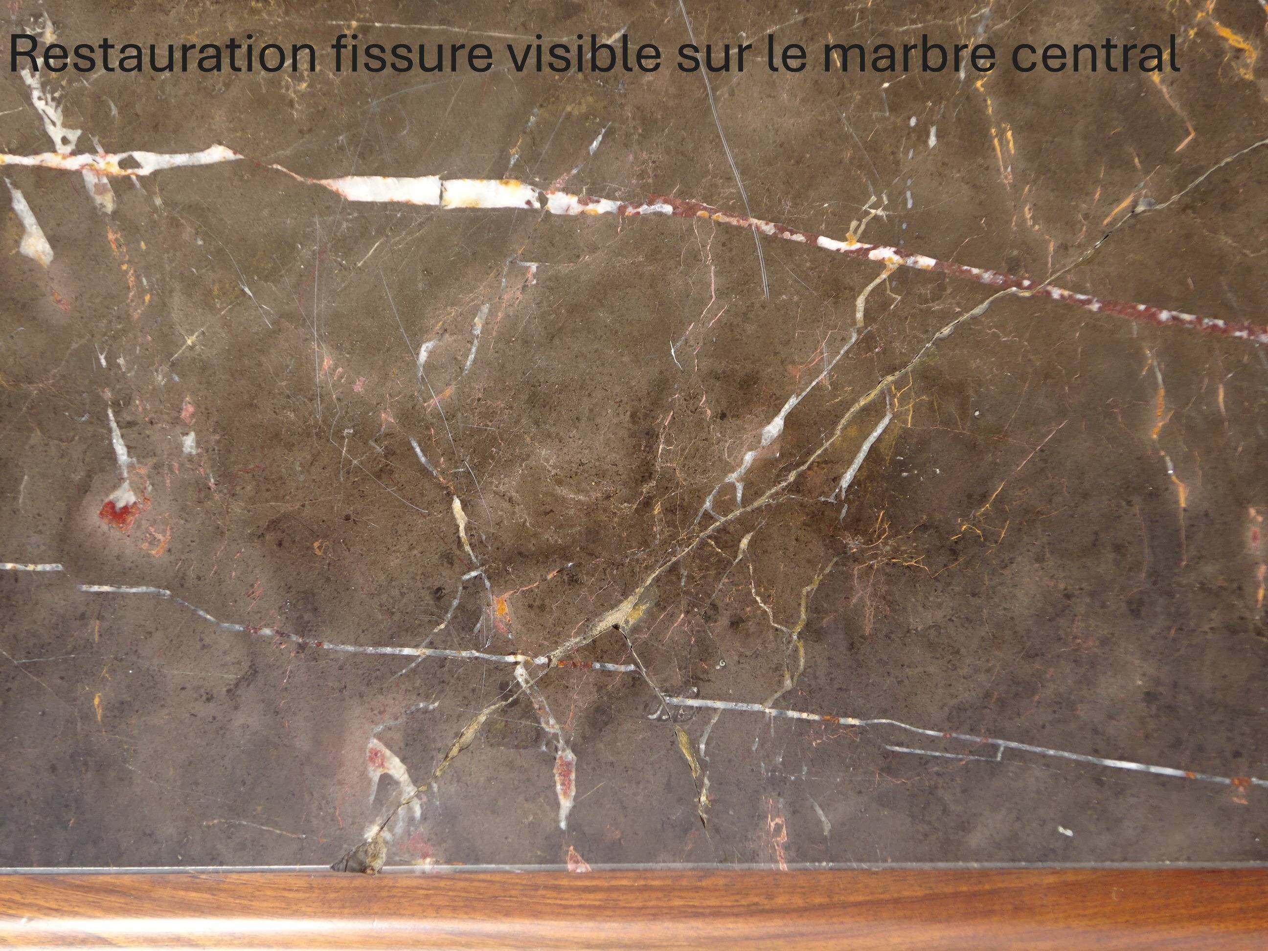 Solid walnut sideboard, moustache legs, black marble top.
