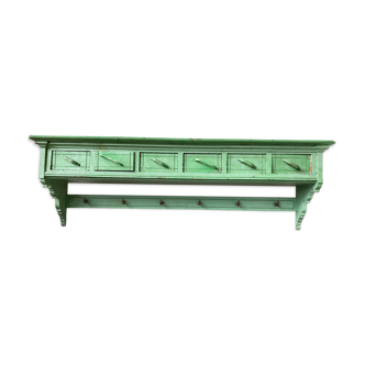 Ancien porte-manteau en bois vert avec tiroirs