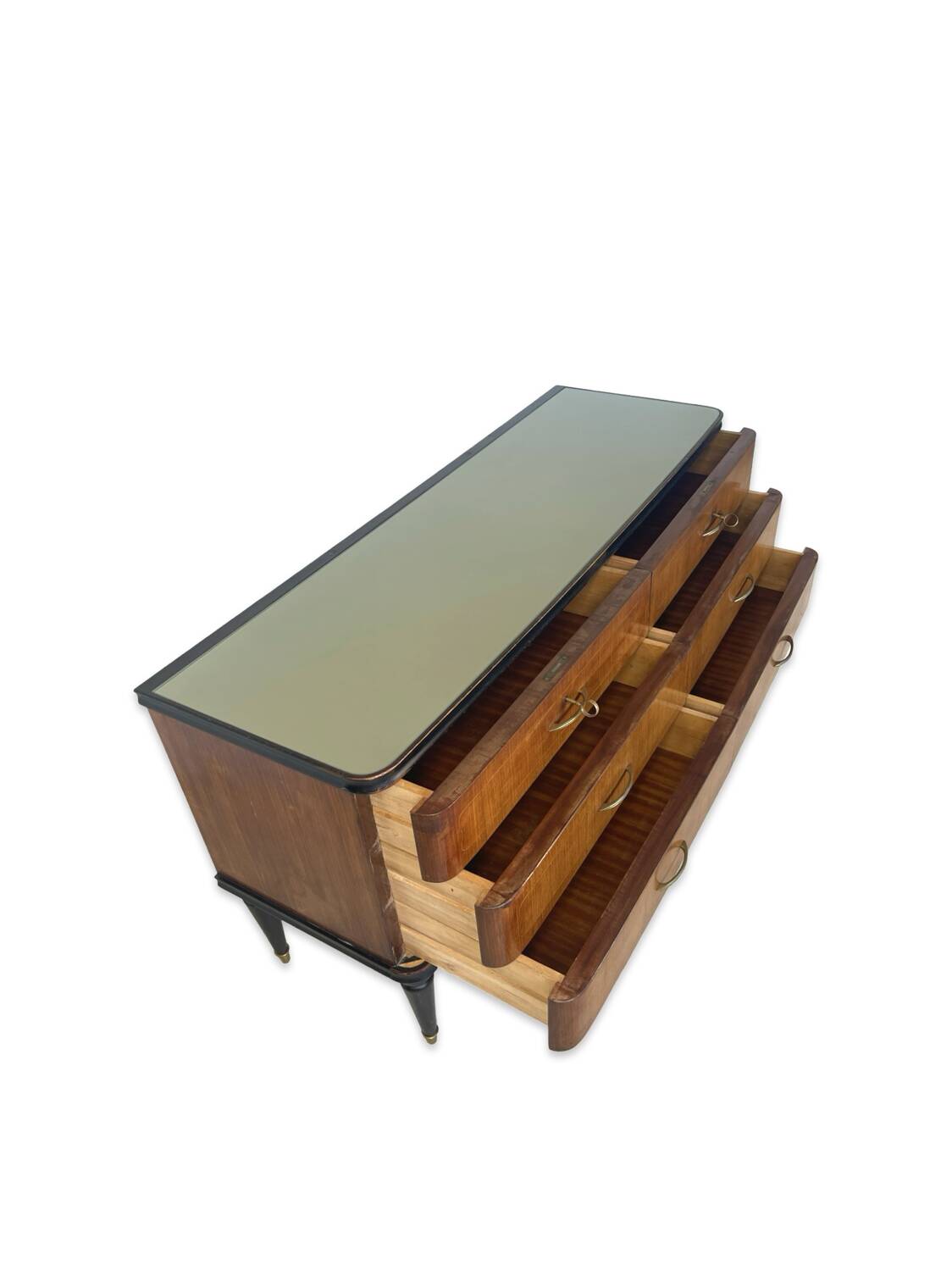 Commode en acajou plaqué avec plateau en verre vert, années 1950