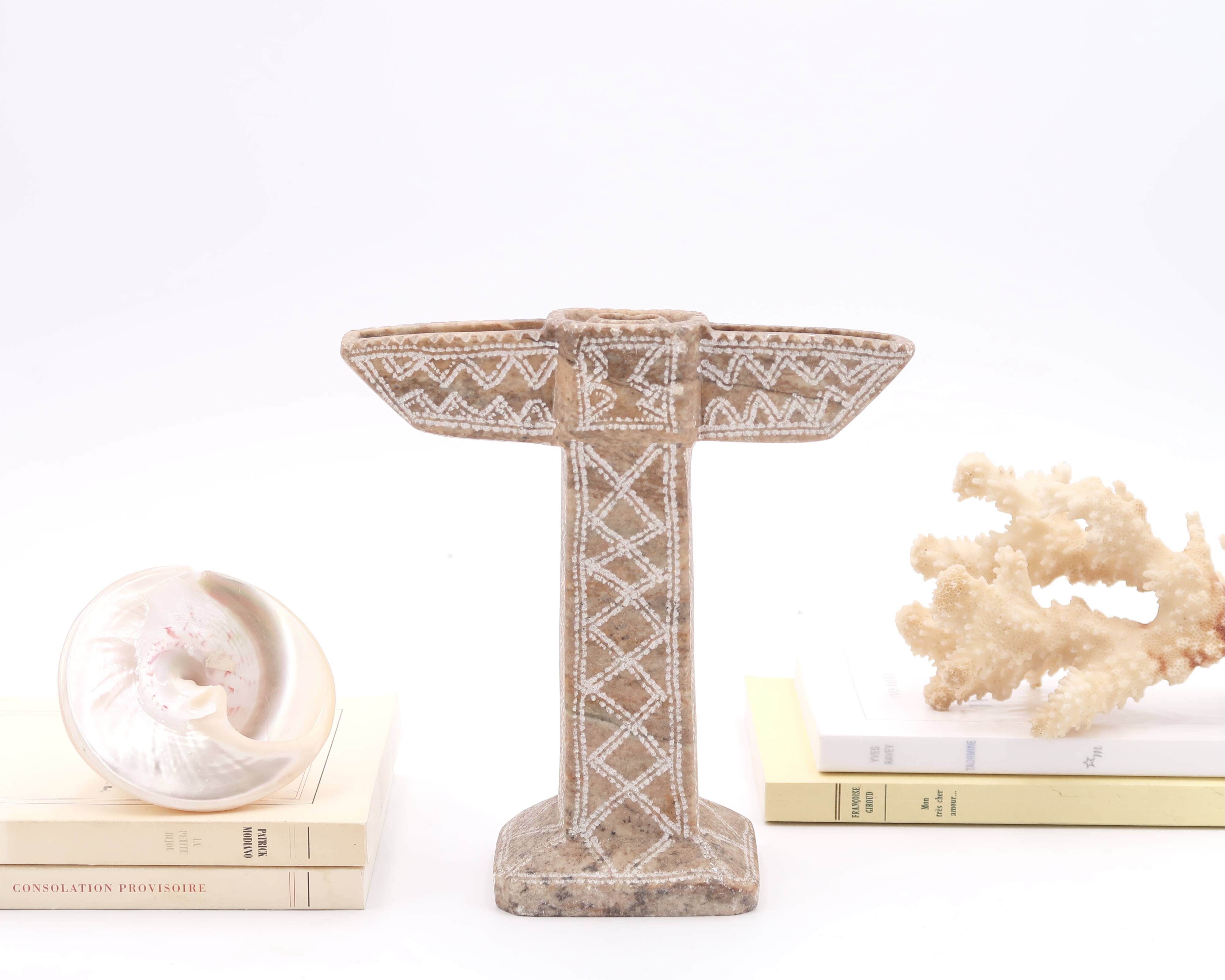 Moroccan candle holder in beige stone, 1970s