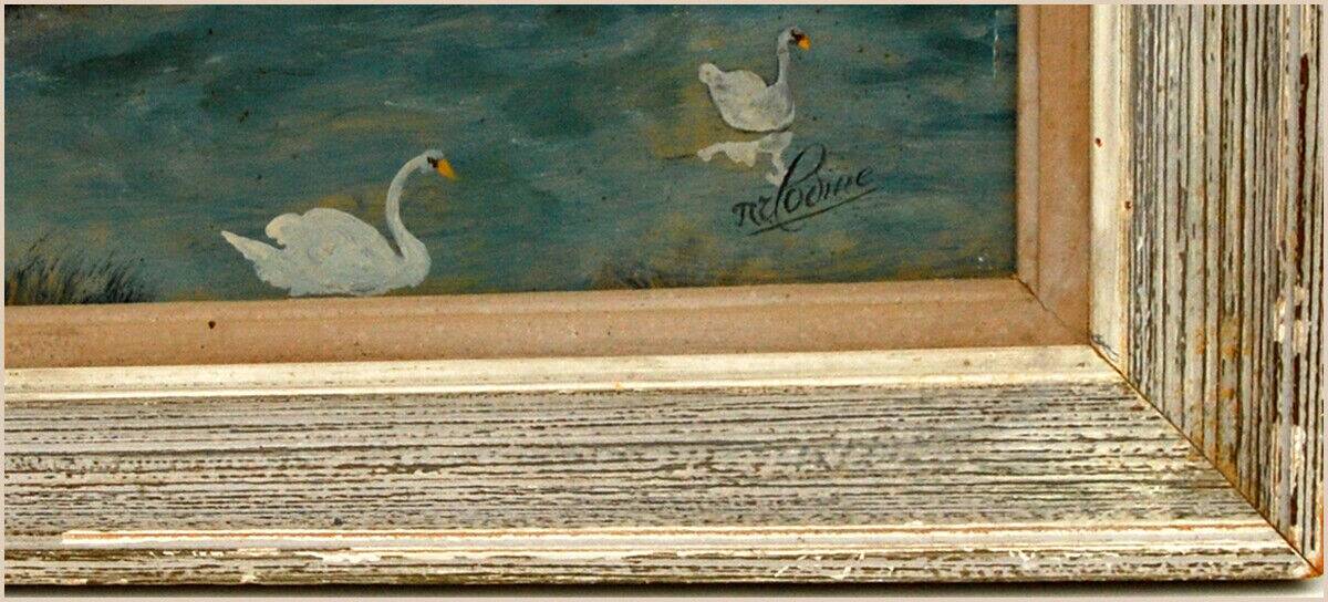 Peinture à l'huile Forêt, vieille maison, animaux sauvages et cygnes sur l'eau