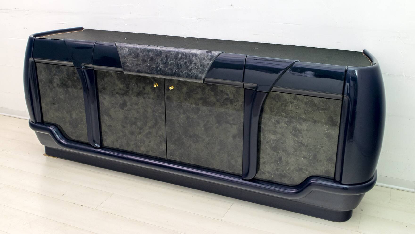 Postmodern Blue Lacquer and Black Marble Sideboard by DBM, Italy, 1980s