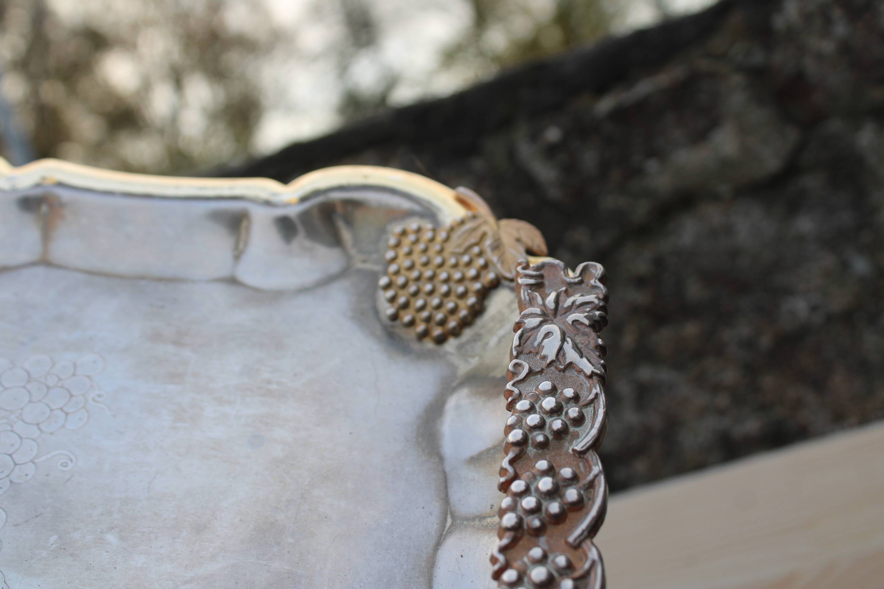 Antique silver-plated metal tray with gilt edges – Grape cluster motif