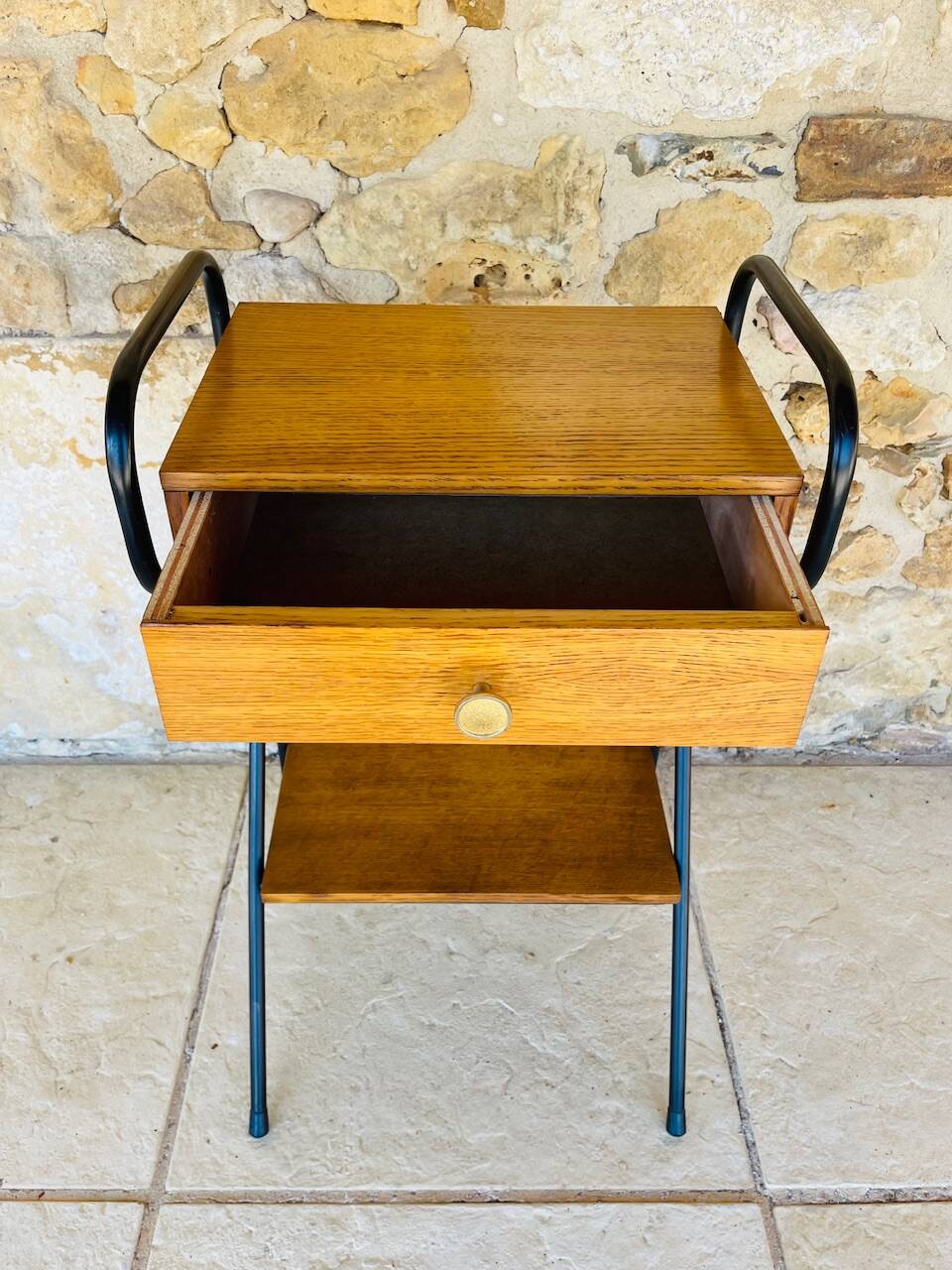 Vintage oak bedside table with black metal legs circa 50s/60s