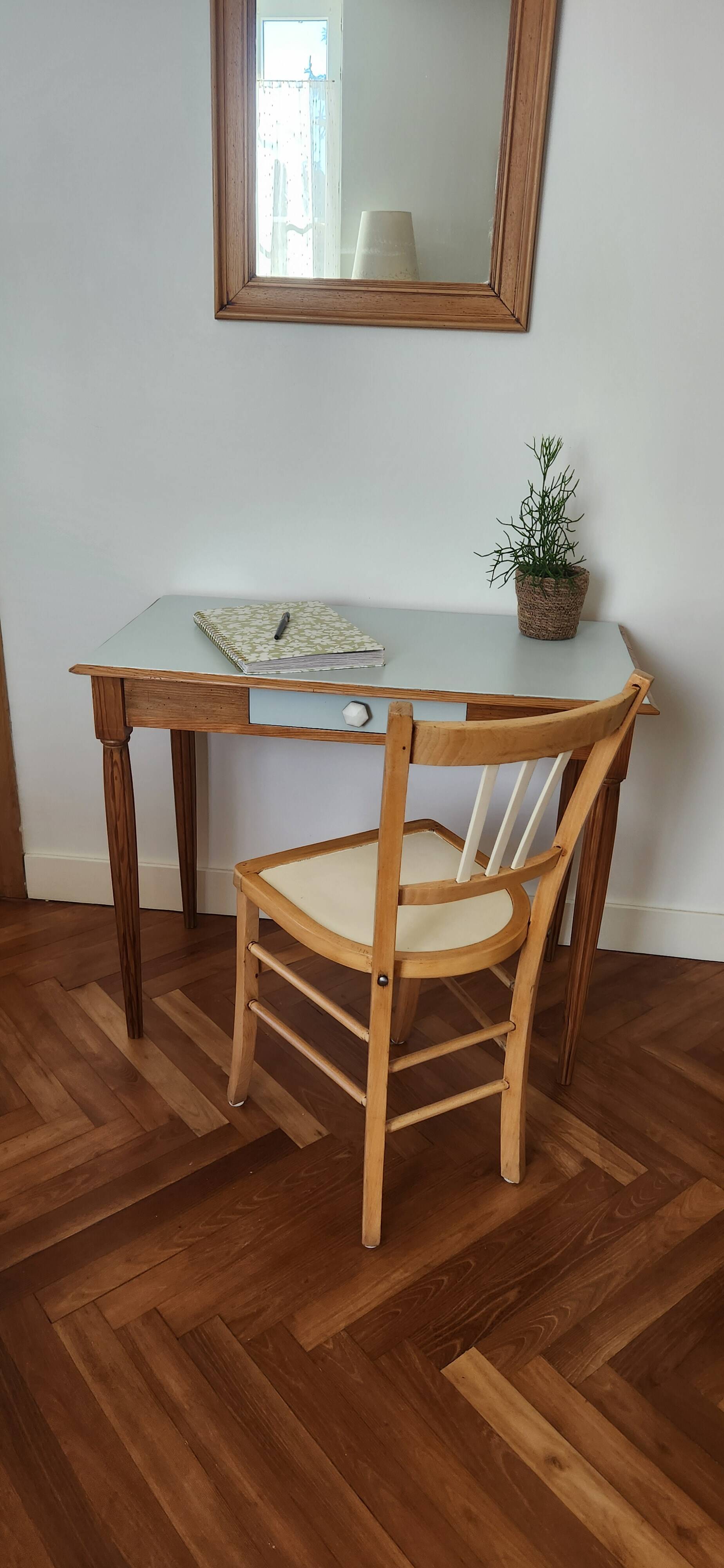 Small Blue Wooden Desk, Grooved Legs