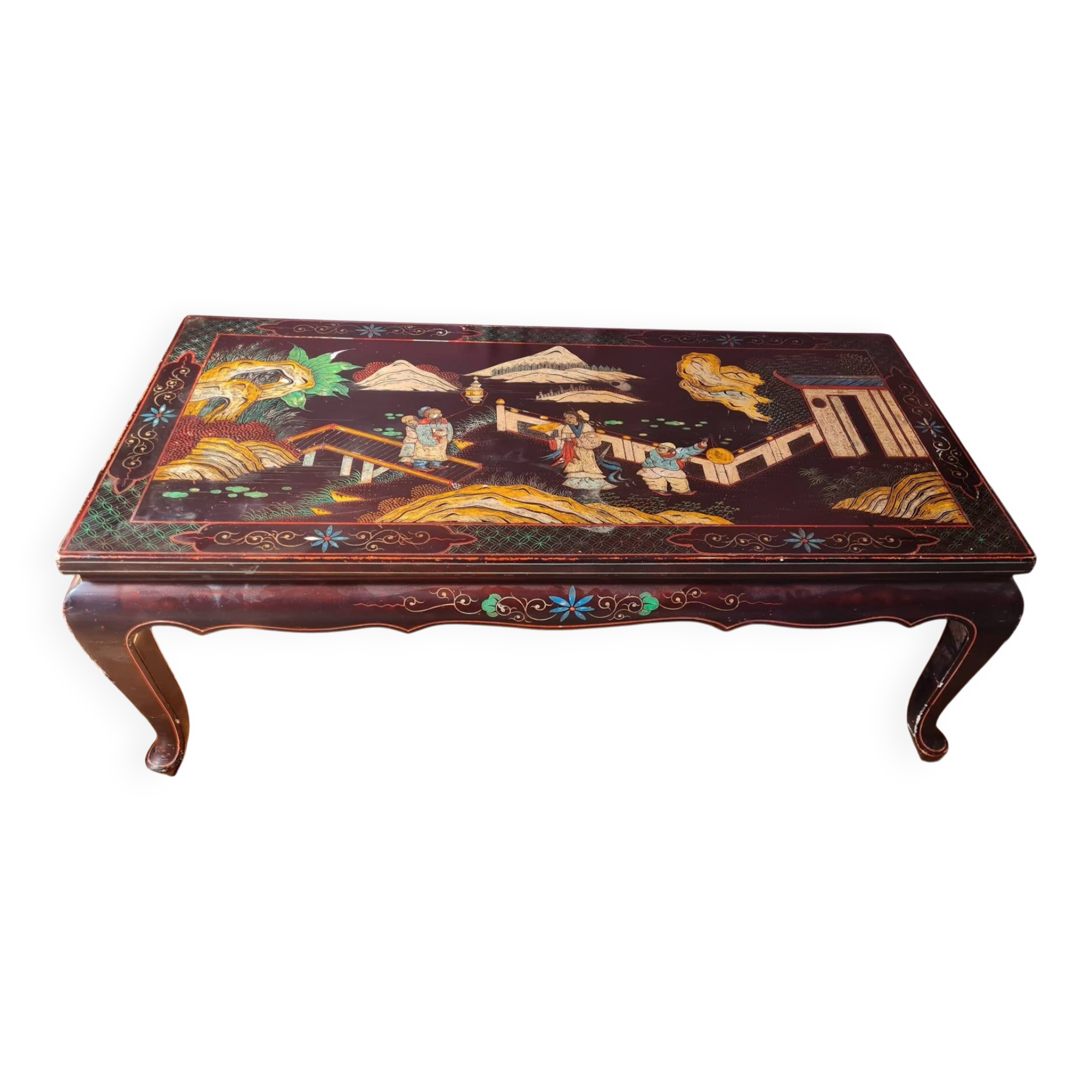 Chinese black lacquer coffee table with figurative decoration – Coromandel style – 20th century.