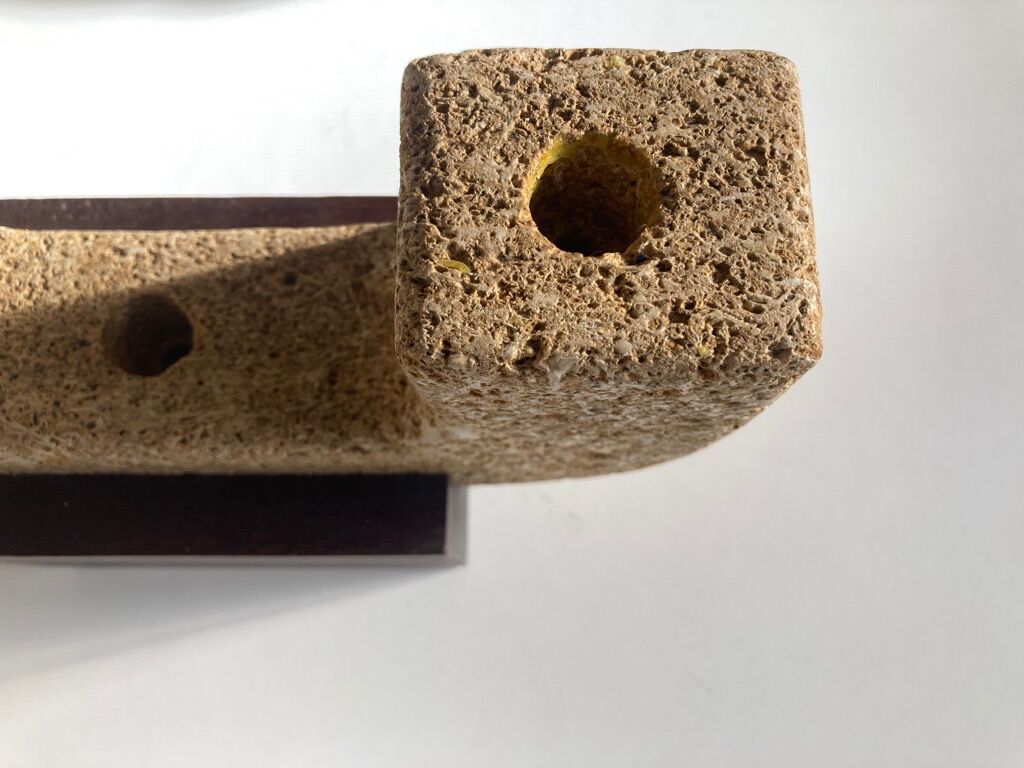 Brutalist XXL candle holder in stone and wood from the 1970s.