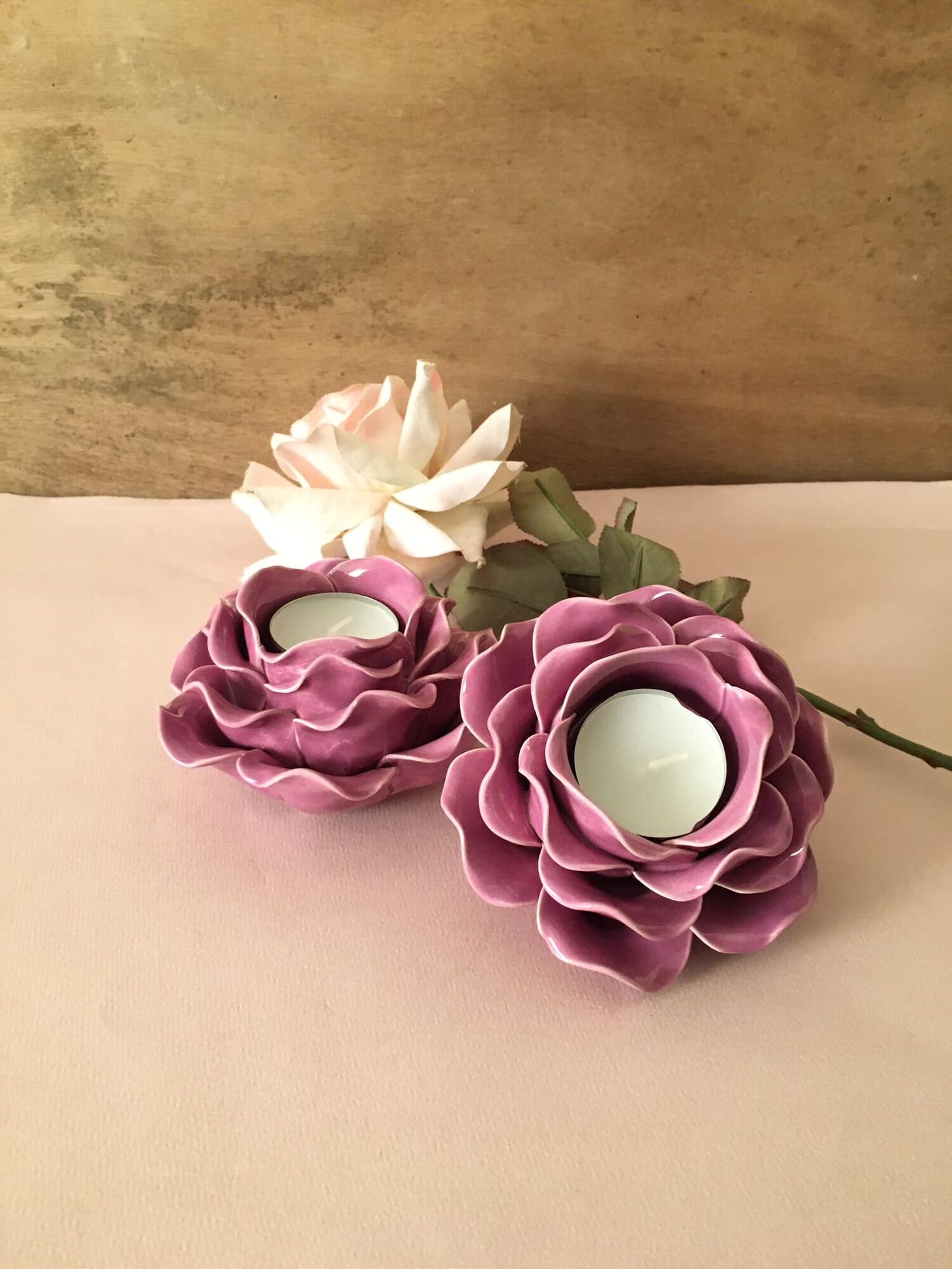 Duo of porcelain flower candle holders, old pink color