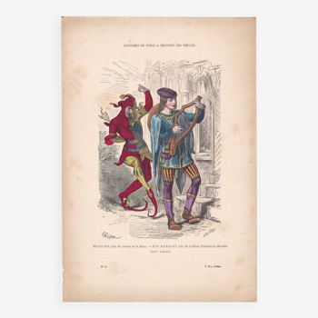 Illustration d'époque éditeur f. roy : costumes de paris  musicien et fou dansant