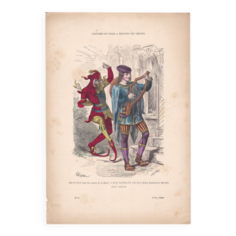 Illustration d'époque éditeur f. roy : costumes de paris  musicien et fou dansant