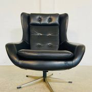 Vintage Danish mid-century black leather swivel chair, 1970s