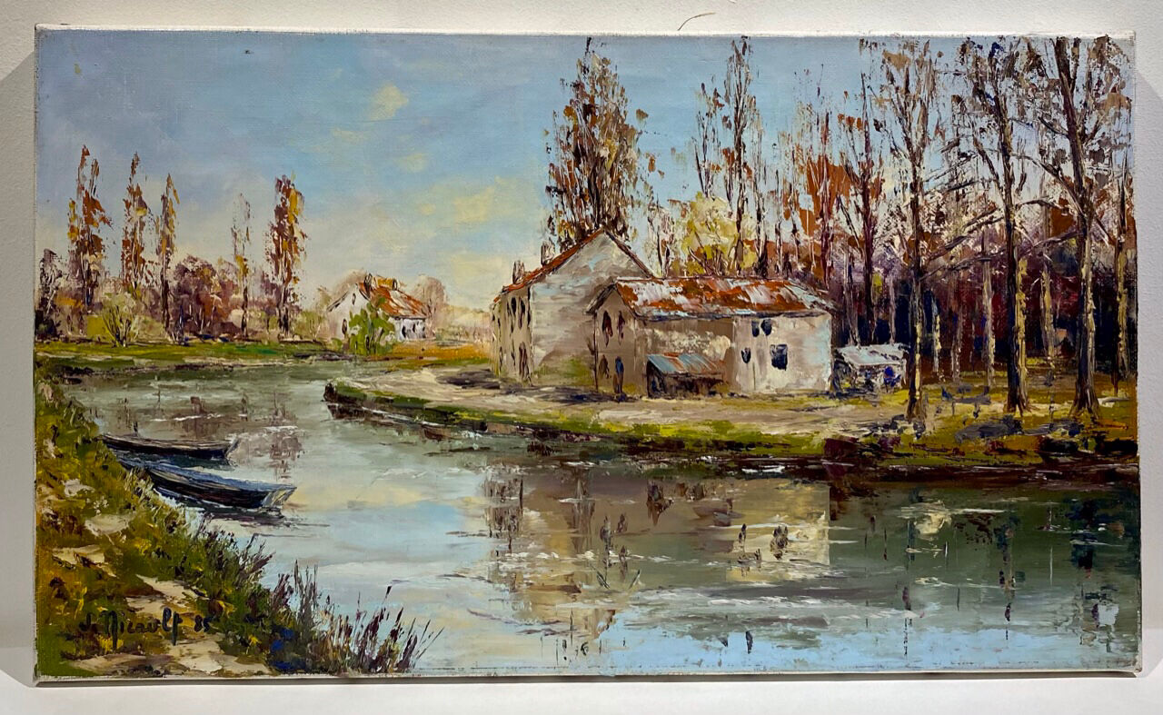 Old painting, landscape with the river signed J Micault dated 1985