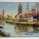 Old painting, landscape with the river signed J Micault dated 1985