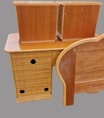 Rattan room, desk, suitcase door, headboard, 2 bedside tables, a chair