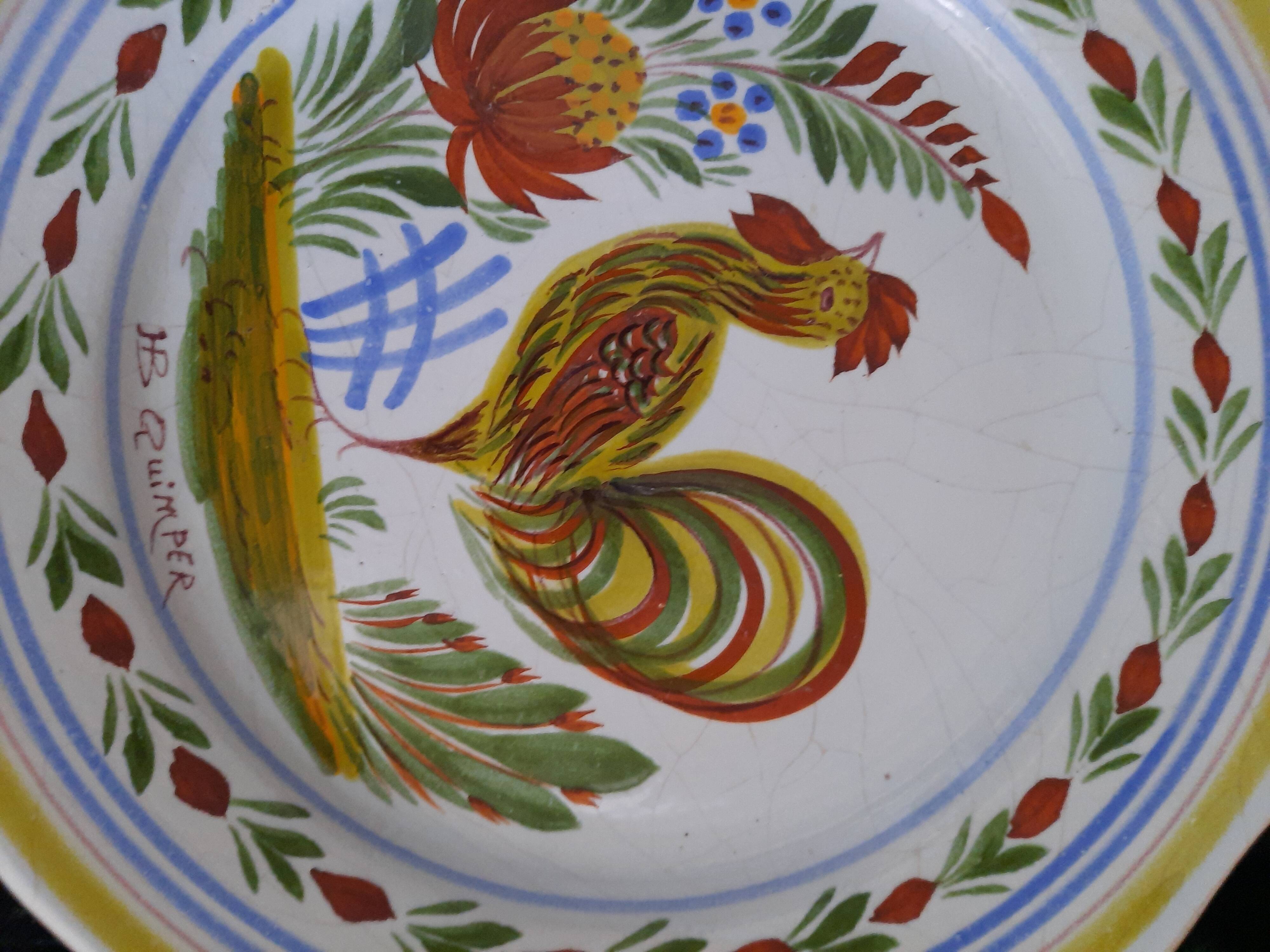 Old HB Quimper Plate Traditional Hand-Painted Rooster Decoration Earthenware 25cm