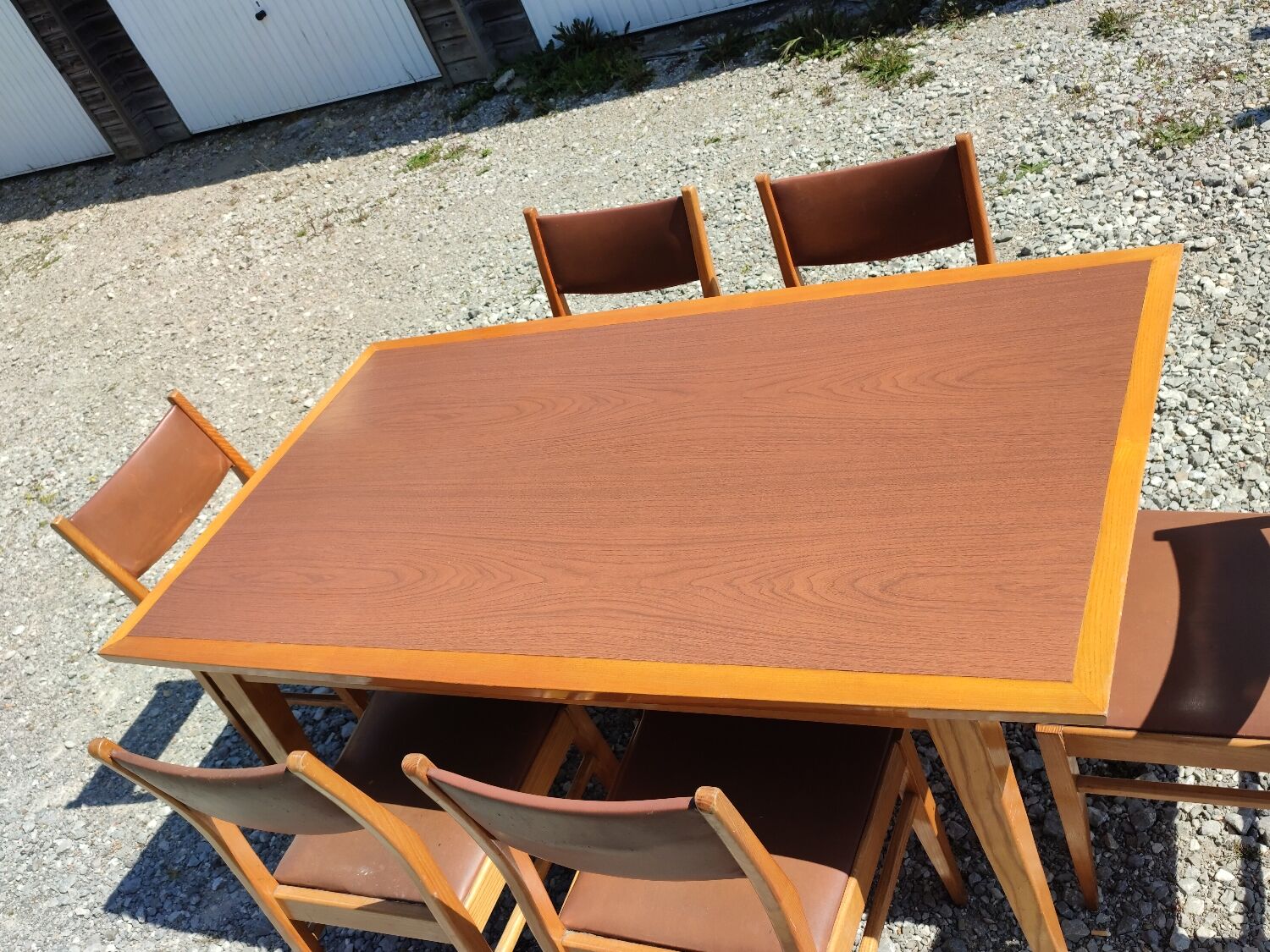 Formica teak table + 10 vintage Scandinavian style chairs