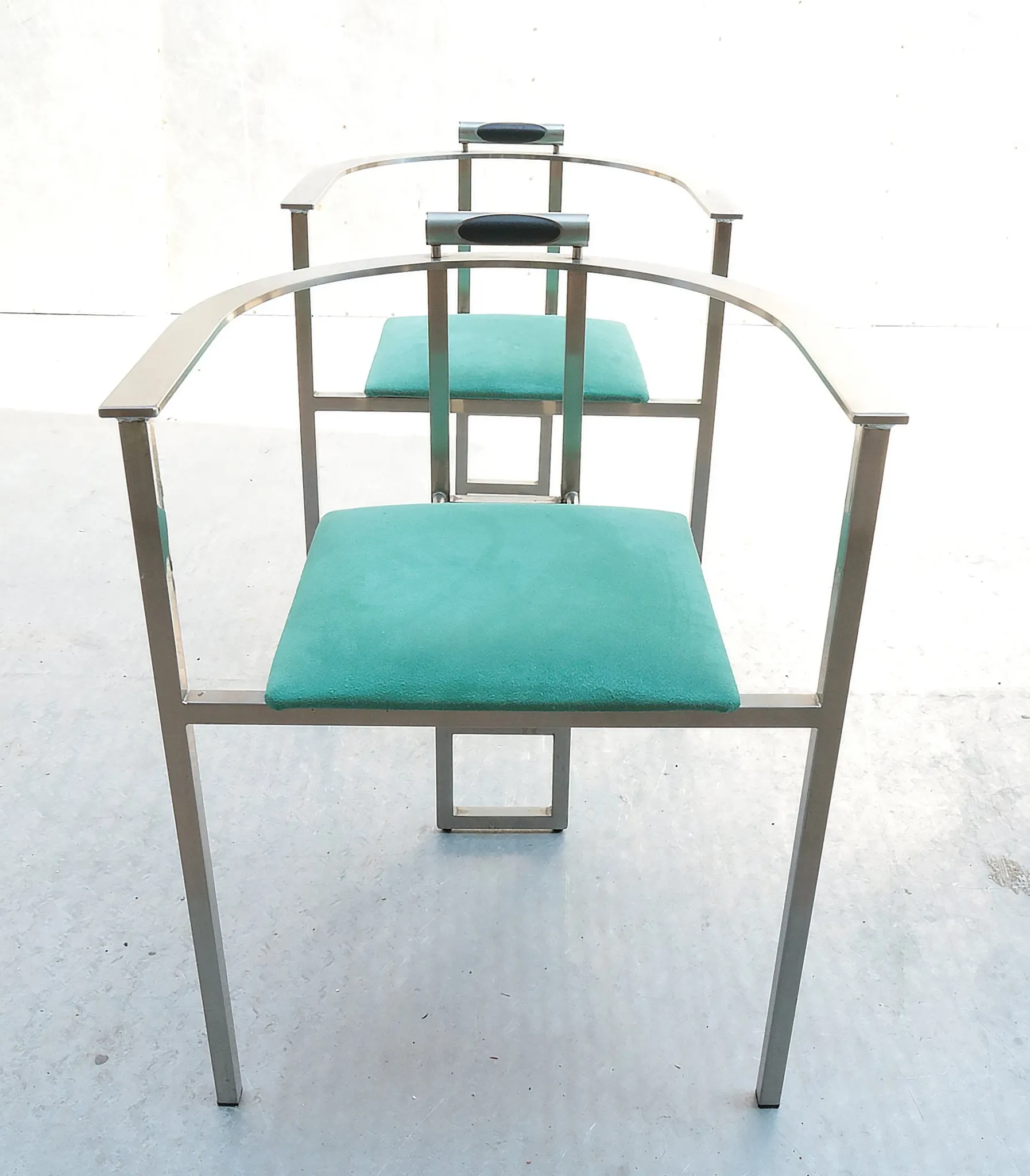 Pair of Memphis style Belgo Chrom chairs, steel and green velvet, 1980s