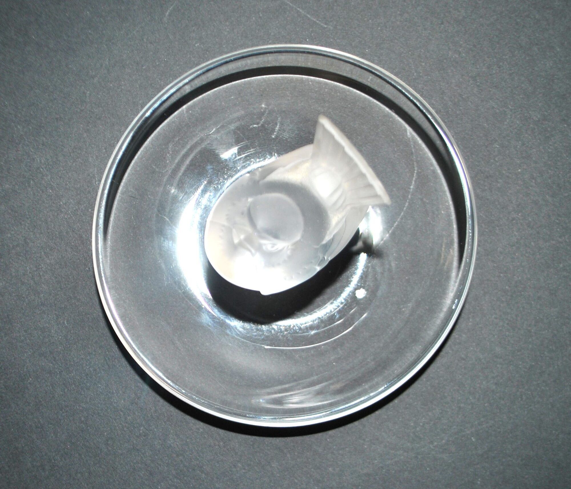 Lalique ashtray bowl Cheeky Sparrow crystal frosted and signed