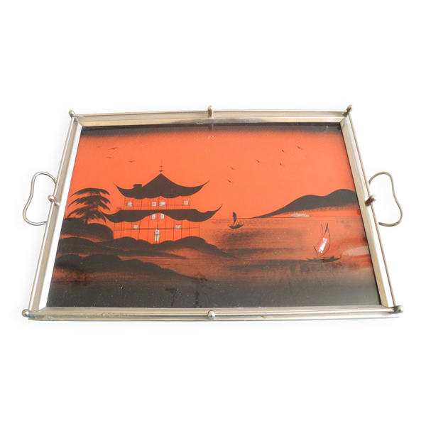 Plateau art déco style asiatique pagode antique tray décor japonisant
