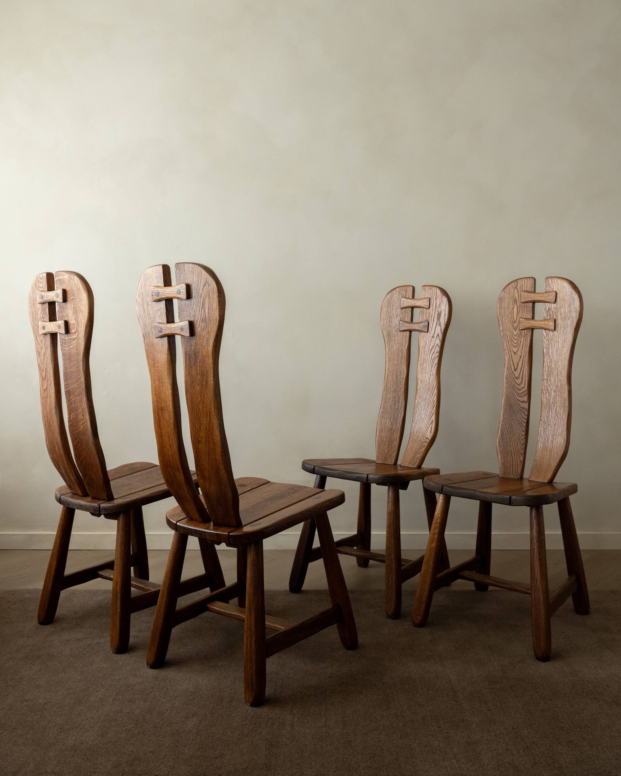 Brutalist Oak Dining Chairs Sculptural Backs by De Puydt, 1960s, Set of 4