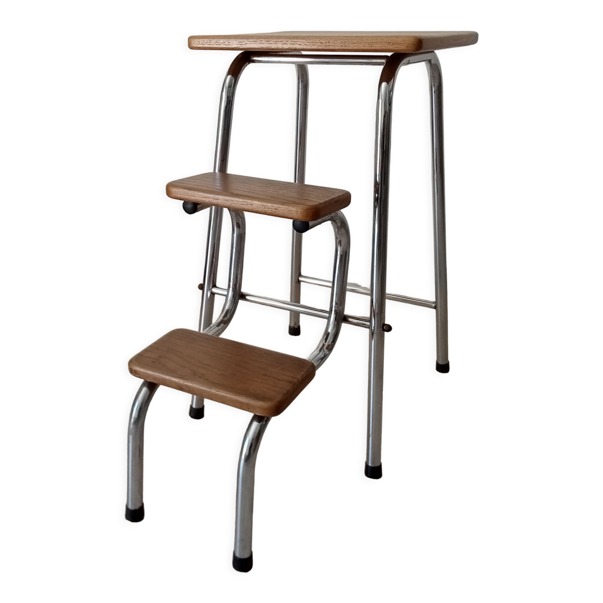 Stepladder stool vintage chrome and solid oak 60/70s