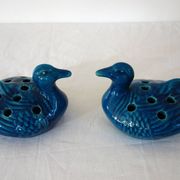 2 blue ceramic duck flower picks